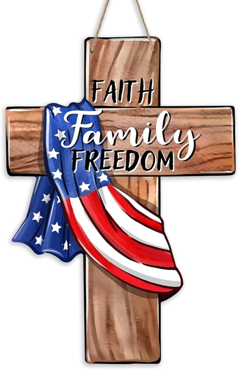 Memorial Day 4th of July Cross Christian Front Door Sign, Patriotic America Religious Faith Family Freedom Wooden Door Hanger Outdoor Porch Decor, American USA Wreath Wall Hanging Decoration